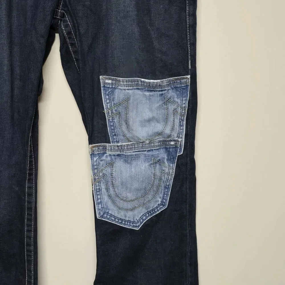 True Religion Mens Knee Patchwork Bootcut‎ With Flap Dark Wash Denim Jeans Sz 34